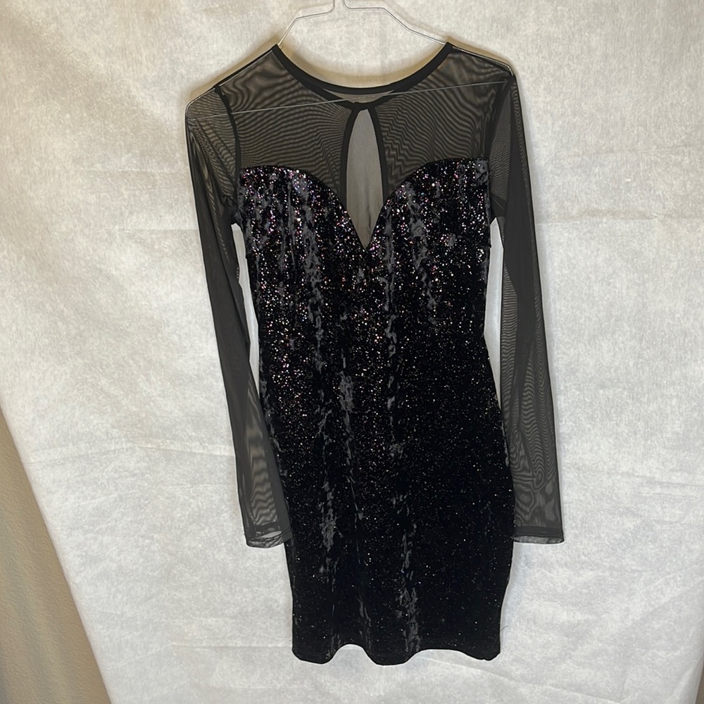 Sparkly velvet dress with mesh sleeves